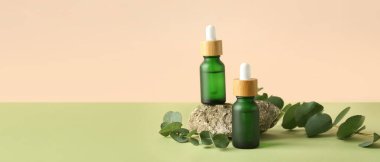 Kozmetik yağ şişeleri, okaliptüs dalları ve taş renkli arkaplan üzerine metin için alan