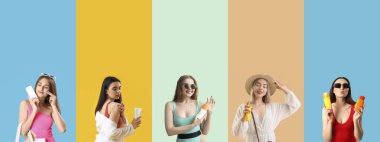 Arka planda güneş kremi olan bir grup güzel genç kadın.