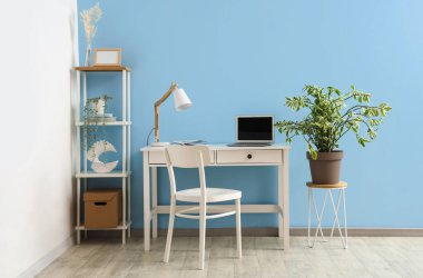 Renk duvarının yanında modern dizüstü bilgisayarı ve ev bitkisi olan rahat bir iş yeri