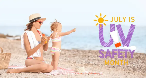 Banner with mother and her little daughter with sunscreen cream near sea
