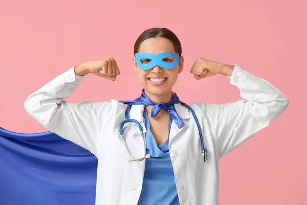 Beautiful Female Doctor Superhero Costume Showing Muscles Pink Background — Stock Photo, Image