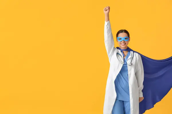 Young Female Doctor Superhero Costume Yellow Background — Stock Photo, Image