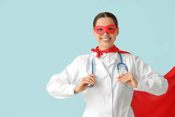 Young Female Doctor Superhero Costume Blue Background — Stock Photo, Image