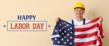 Amerikan bayrağı taşıyan olgun işçilerle İşçi Bayramı Bayrağı