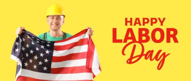 Amerikan bayrağı taşıyan olgun işçilerle İşçi Bayramı Bayrağı