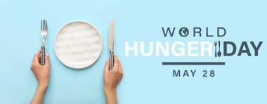 Banner for World Hunger Day with woman at table with empty plate  clipart