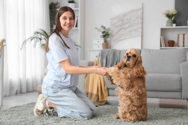 Güzel hamile kadın elinde cocker spaniel pençeleri tutuyor.