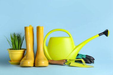 Sulama kutusu, lastik botlar ve mavi arka planda çimen olan kompozisyon. Bahçe araçları