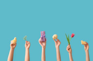 Piliçleri olan kadın elleri, mavi arka planda lale ve hediye. Paskalya konsepti.