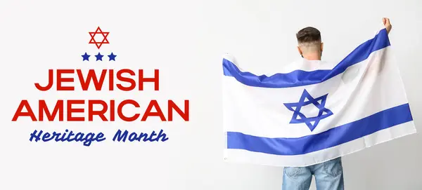 Man Flag Israel Light Background Back View Banner Jewish American — Stock Photo, Image