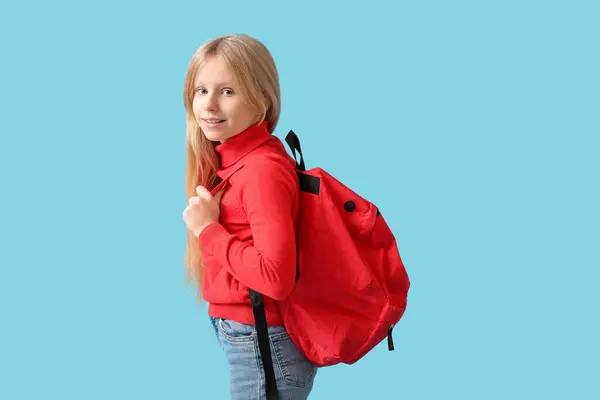 Cute Schoolgirl Backpack Blue Background — Stock Photo, Image