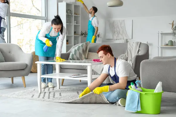 Team Young Janitors Cleaning Room — Stock Photo, Image