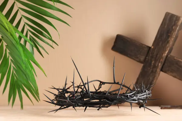 Crown Thorns Wooden Cross Palm Leaves Beige Background Good Friday — Stock Photo, Image