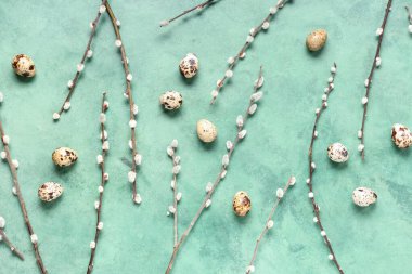 Pussy willow branches and Easter eggs on green background