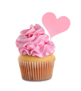 Beyaz arka planda pembe kremalı lezzetli bir kek. Cinsiyet ortaya çıkan parti kavramı