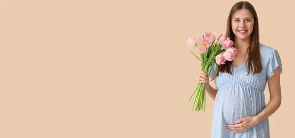 Young Pregnant Woman Bouquet Beautiful Flowers Beige Background Space Text — Stock Photo, Image