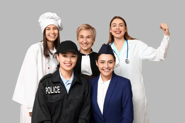 Women Different Professions Grey Background — Stock Photo, Image