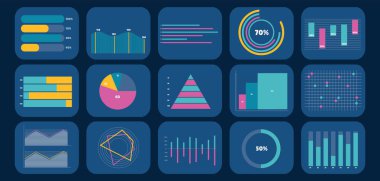 Koyu mavi arkaplanda farklı çizilmiş bilgi grafikleri kümesi