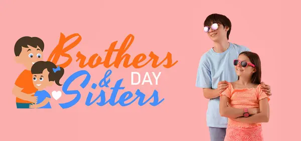 stock image Festive banner for National Brothers and Sisters Day with little children in stylish sunglasses