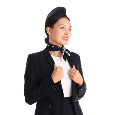 Beyaz arka planda güzel Asyalı hostes