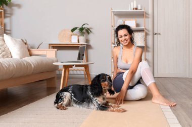 Cocker Spaniel 'li genç Afro-Amerikan kadın evde yoga yapıyor.