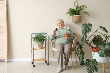 Bitkileri ve aletleri olan bahçıvan ışık duvarının yanındaki koltukta oturuyor.