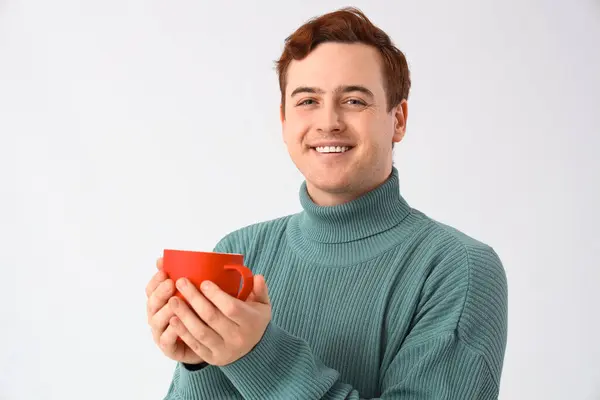 Young Man Cup Tea White Background Closeup — Stock Photo, Image