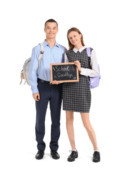 Students Holding Chalkboard Text School Goodbye White Background End School — Stock Photo, Image