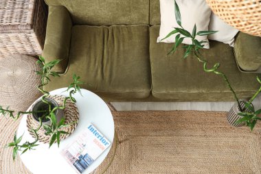 Oturma odasındaki kanepenin yanındaki kahve masasında bambu sapları var.