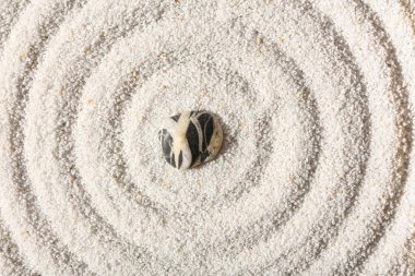 Kum üzerinde taş ve Japon kaya bahçesinde çizgiler. Zen kavramı