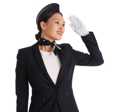 Beyaz arka planda güzel Asyalı hostes