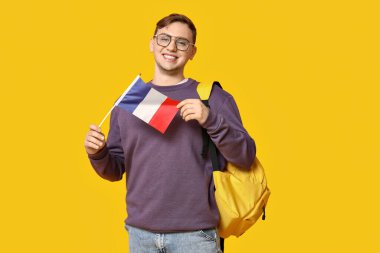 Sarı arka planda Fransız bayrağı olan erkek öğrenci.