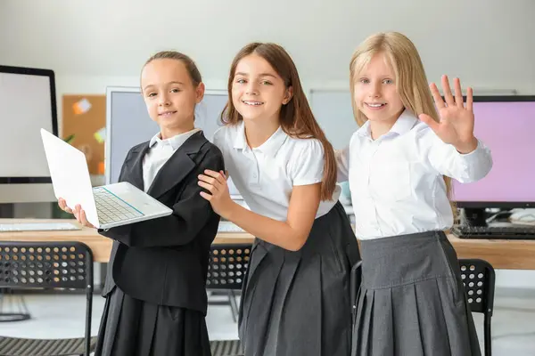 Little Girls Laptop School Computer Lab — Stock Photo, Image