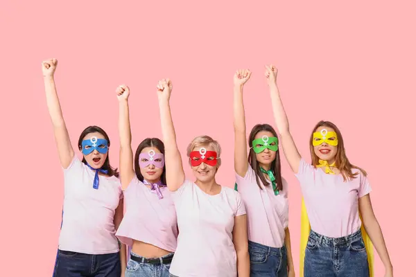 Women Superhero Costumes Pink Background Women History Month — Stock fotografie