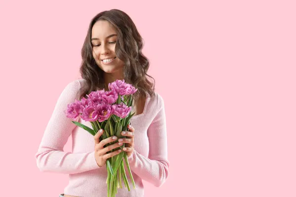 Young Woman Tulips Pink Background — Stock Photo, Image