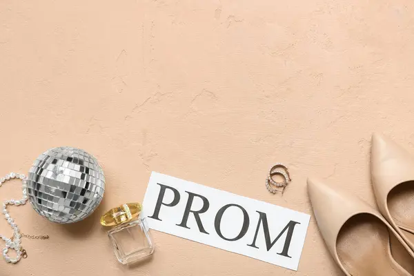 Word Prom Female Shoes Disco Ball Perfume Bottle Beige Grunge — Stock Photo, Image