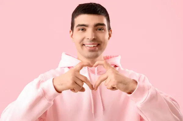 Young Man Making Heart His Hands Pink Background Closeup — Stock Photo, Image