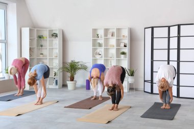 Spor salonunda yoga yapan bir grup olgun kadın.