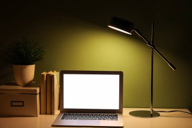 Parlayan lambalı, dizüstü bilgisayarlı, kitaplı ve çiçekli modern işyeri