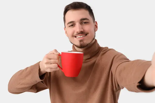 Young Man Cup Tea Taking Selfie White Background Closeup — Stock Photo, Image