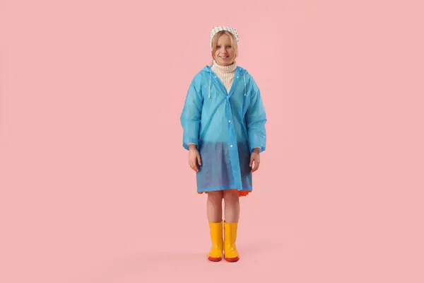 Adorable Girl Raincoat Rubber Boots Pink Background — Stock Photo, Image
