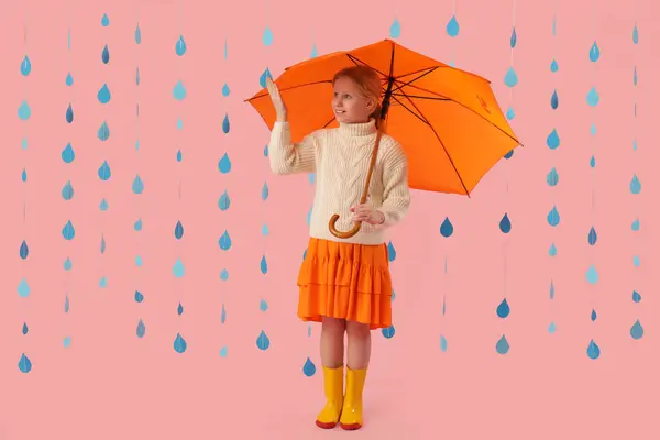 Adorable Girl Umbrella Paper Raindrops Pink Background — Stock Photo, Image
