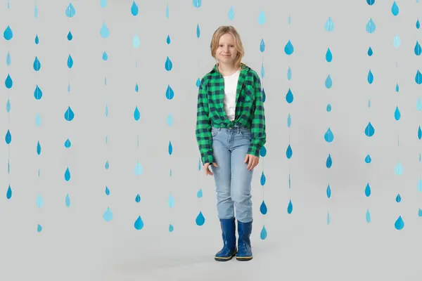 Adorable Girl Rubber Boots Paper Raindrops Grey Background — Stock Photo, Image