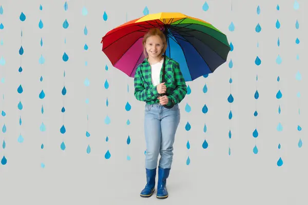 Adorable Girl Umbrella Paper Raindrops Grey Background — Stock Photo, Image
