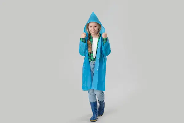 Adorable Girl Raincoat Rubber Boots Grey Background — Stock Photo, Image