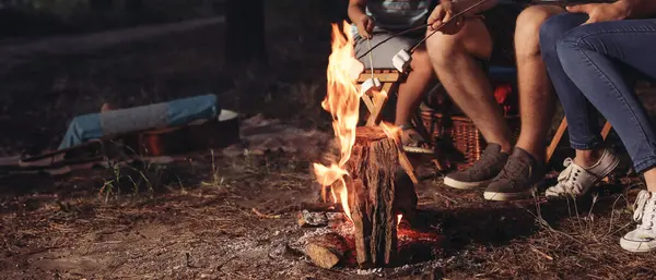 Family roasting marshmallow over campfire in evening