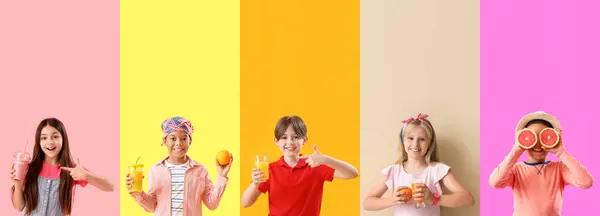 Koláž Malých Dětí Zdravými Citrusovými Šťávami Barevném Pozadí — Stock fotografie