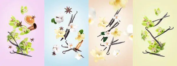 Collage Con Varillas Voladoras Vainilla Flores Orquídea Especias Sobre Fondo — Foto de Stock
