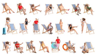 Beyaz arka planda plaj sandalyeleri olan insanların kolajı