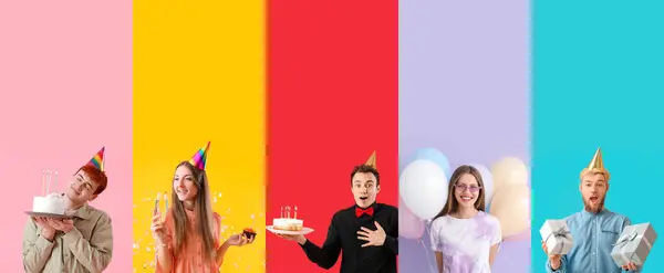 stock image Group of people celebrating Birthday on color background